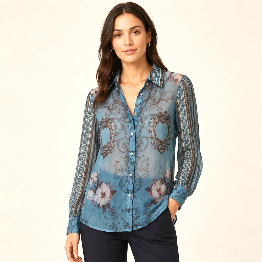 Balboa Blue Sheer Floral Baroque Rhinestone Button Down Blouse NWT Medium